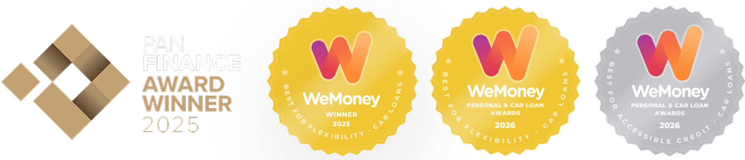 Pan Finance Award Winner 2025 and WeMoney car loan awards for 2025 and 2026.