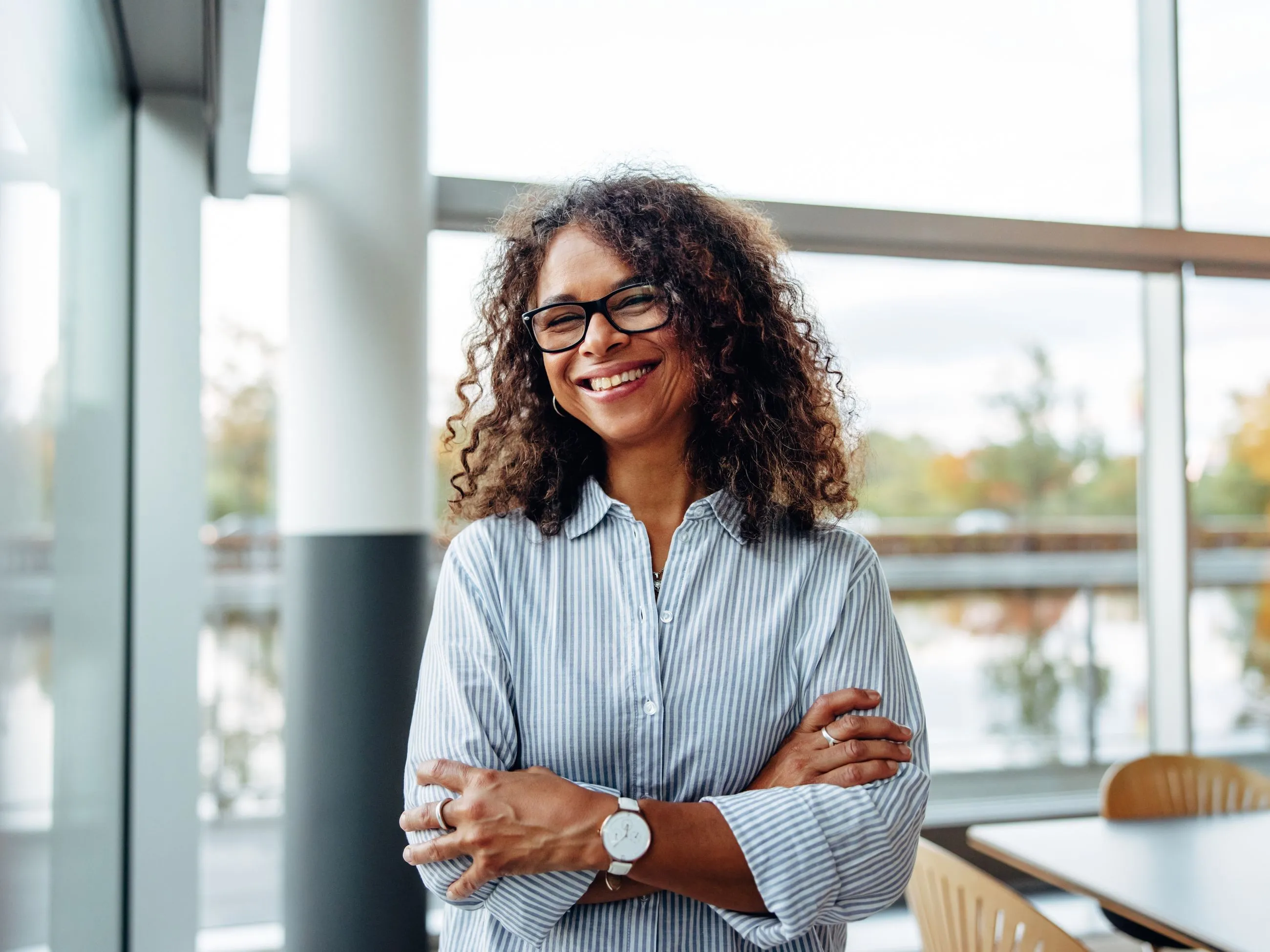 A woman smiling