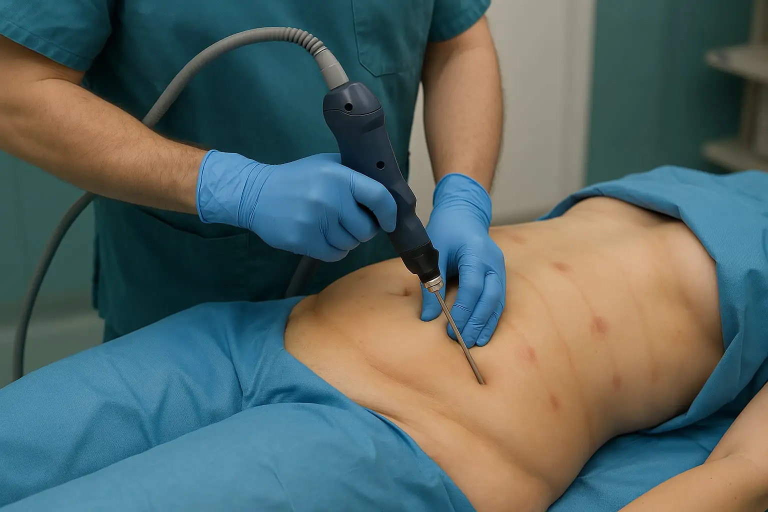 Zabieg liposukcji wykonywany na brzuchu pacjentki - specjalista w rękawiczkach trzyma urządzenie emitujące drgania mechaniczne i wprowadza kaniulę pod skórę.