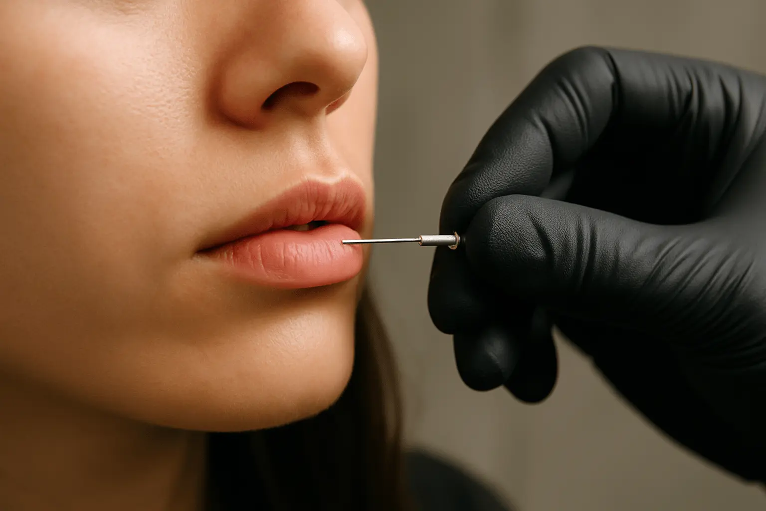 Zabieg przekłuwania wargi - specjalista w rękawiczkach aplikuje igłę w dolną wargę kobiety.