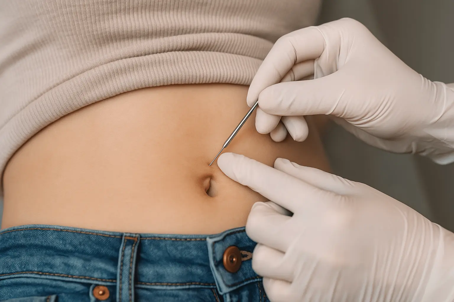 Przekłuwanie pępka - piercer wykonuje nakłucie skóry brzucha u osoby z odsłoniętą talią.