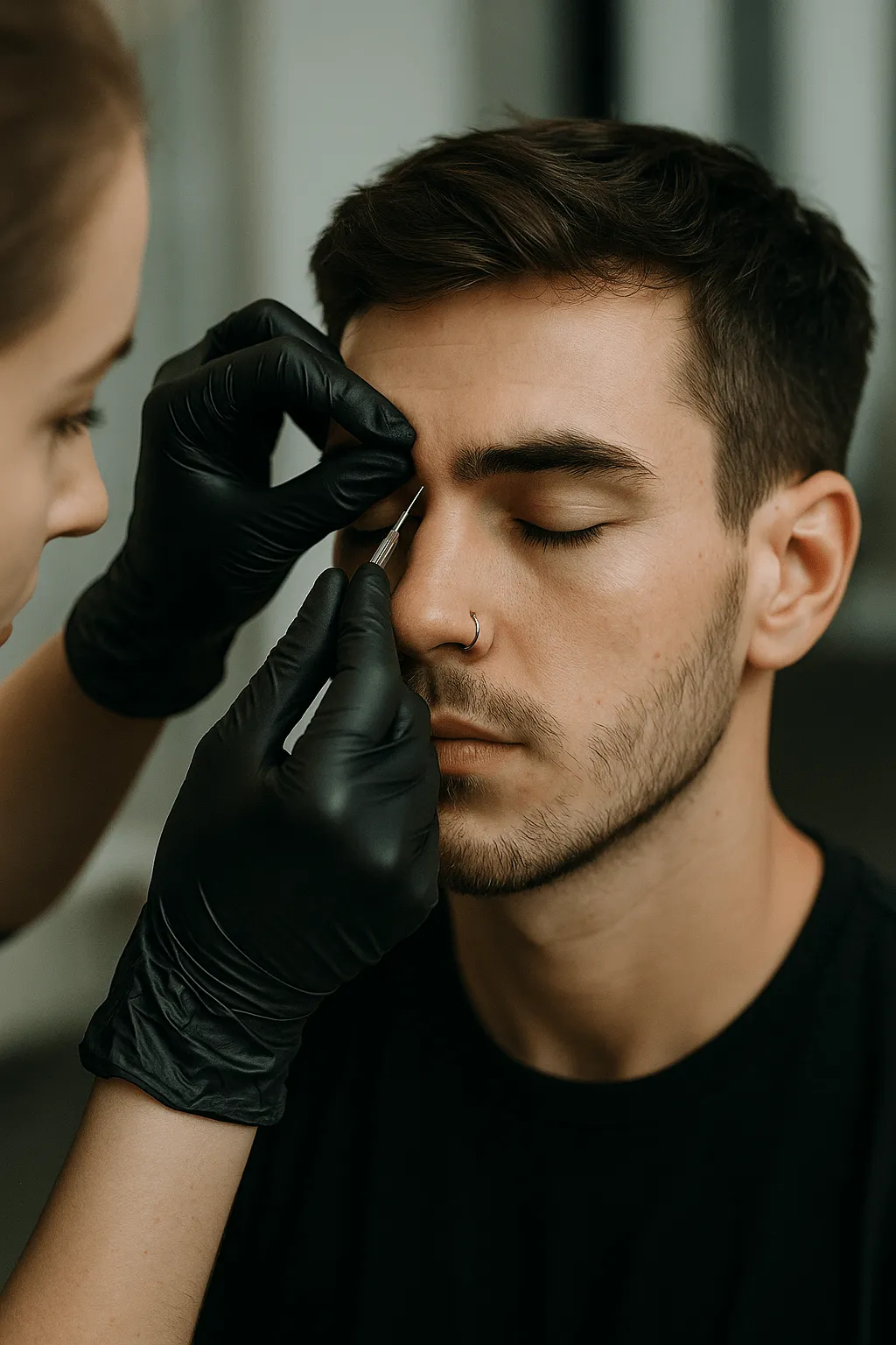 Zabieg przekłuwania brwi - piercer wykonuje precyzyjne przekłucie u mężczyzny w rękawiczkach ochronnych.