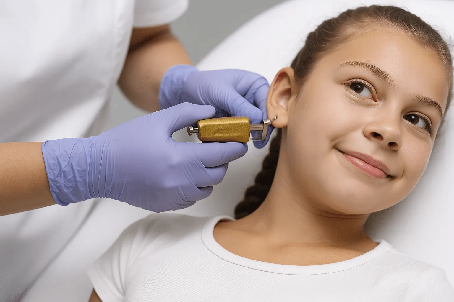 Zabieg przekłuwania ucha - dziewczynka uśmiecha się podczas aplikacji kolczyka specjalnym pistoletem.