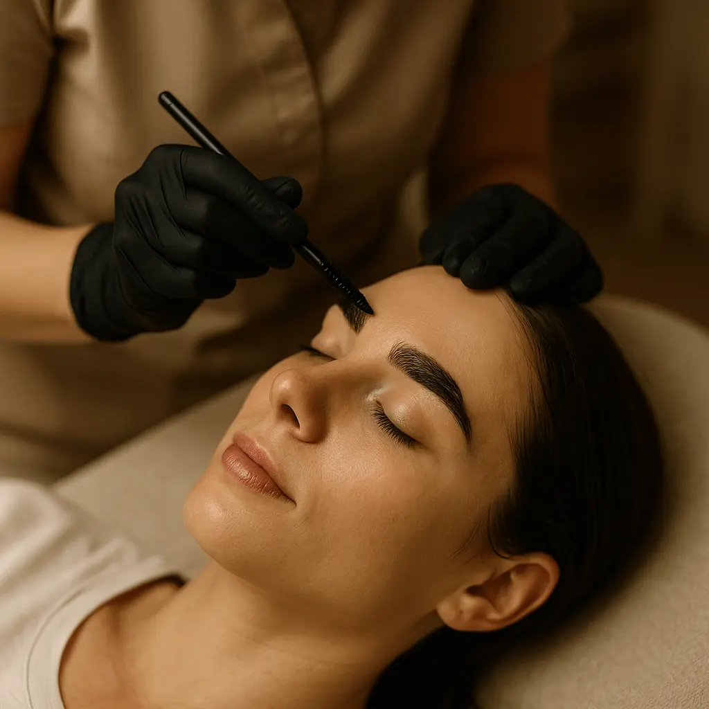 Laminacja brwi z farbowaniem - kosmetyczka stylizuje i utrwala brwi klientki czarną szczoteczką.