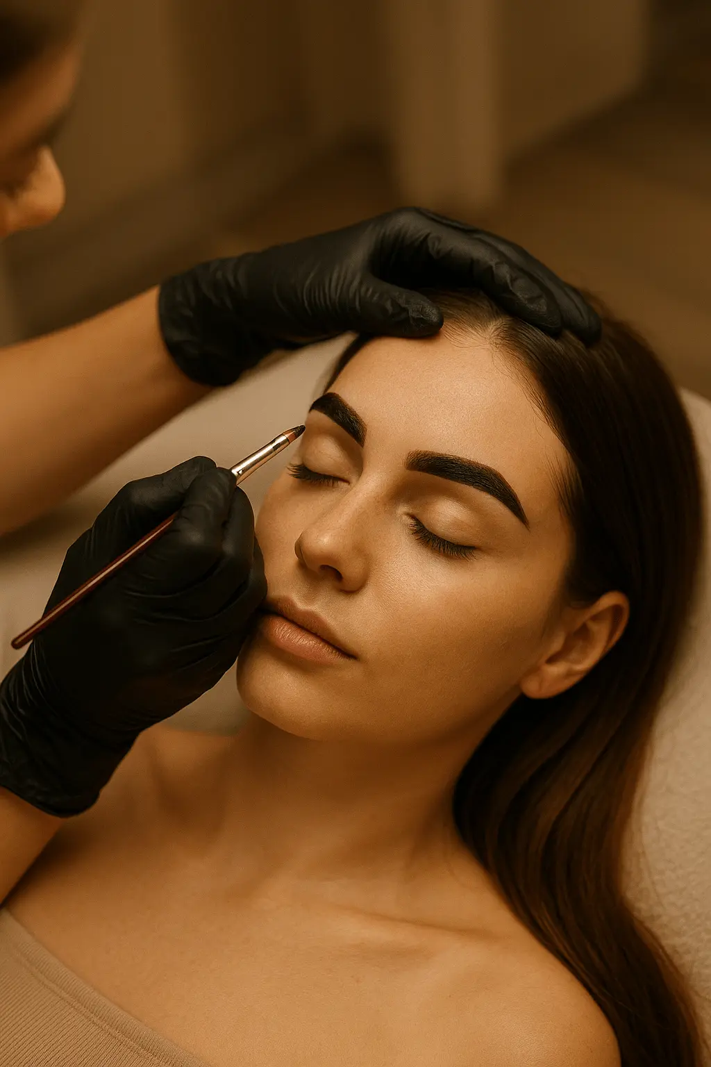 Koloryzacja brwi henną długotrwałą - stylistka nakłada hennę pędzelkiem na precyzyjnie ukształtowane brwi.