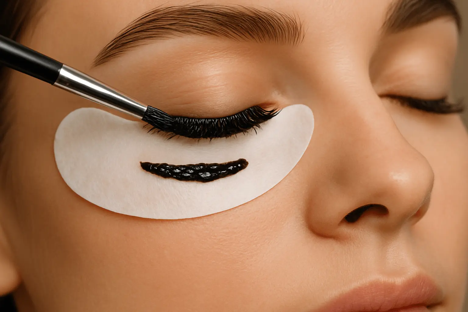 Zabieg henny rzęs - aplikacja czarnej henny pędzelkiem na rzęsy, zabezpieczone płatkiem pod okiem.