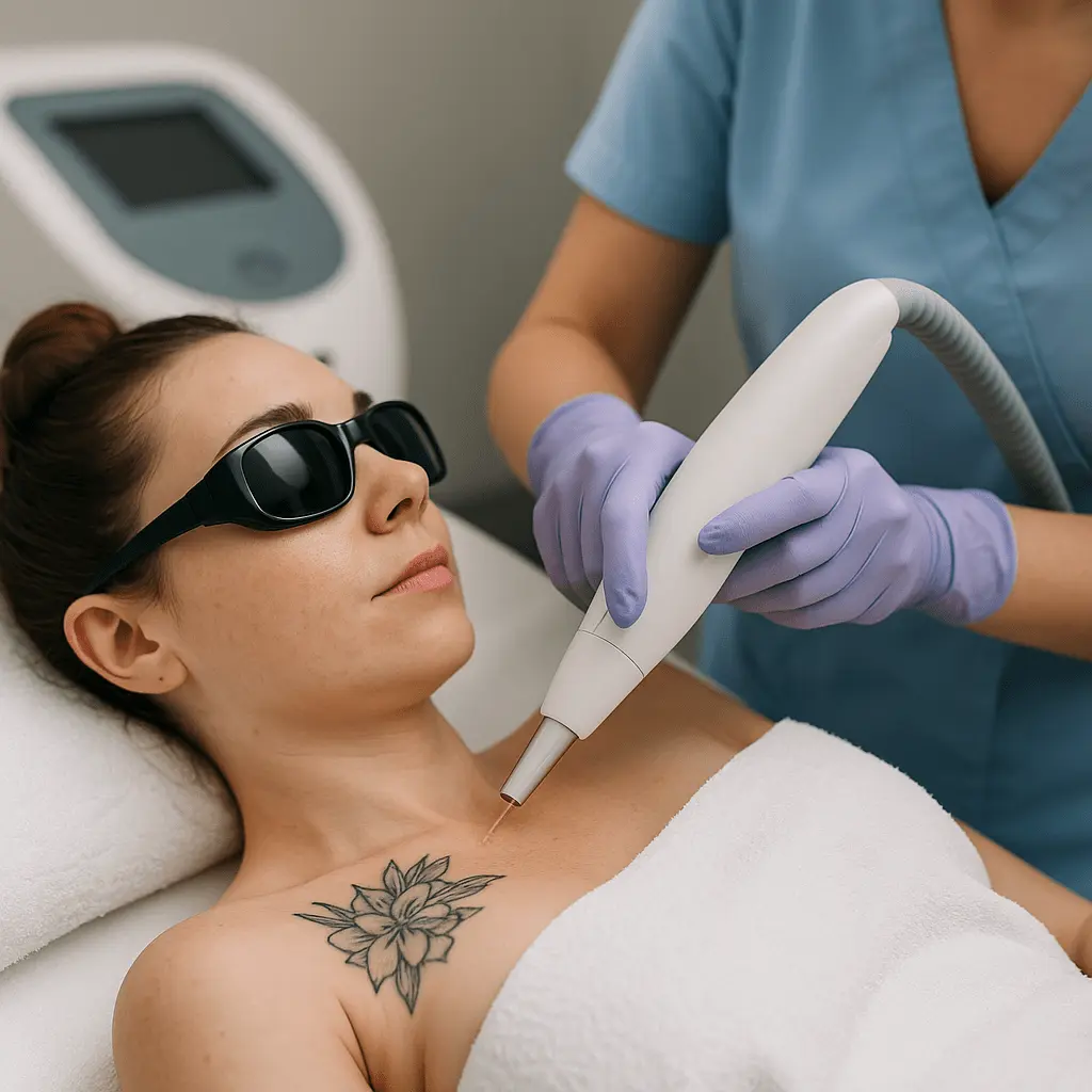 Zabieg laserowego usuwania pigmentu - kobieta w okularach ochronnych, specjalistka przykłada głowicę do skóry dekoltu.