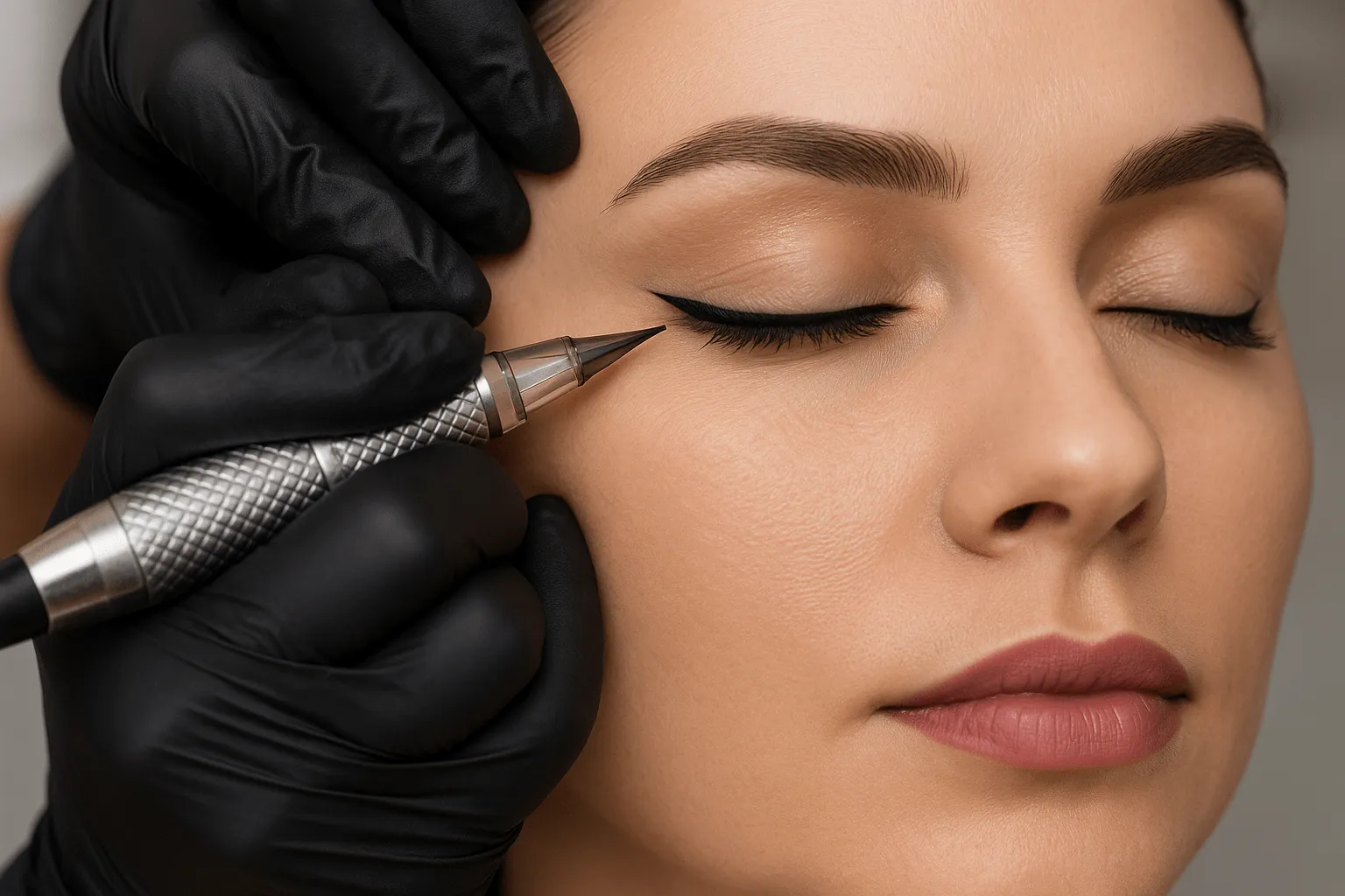 Zabieg makijażu permanentnego oczu - pigmentacja kreski na powiece wykonywana precyzyjnym urządzeniem.