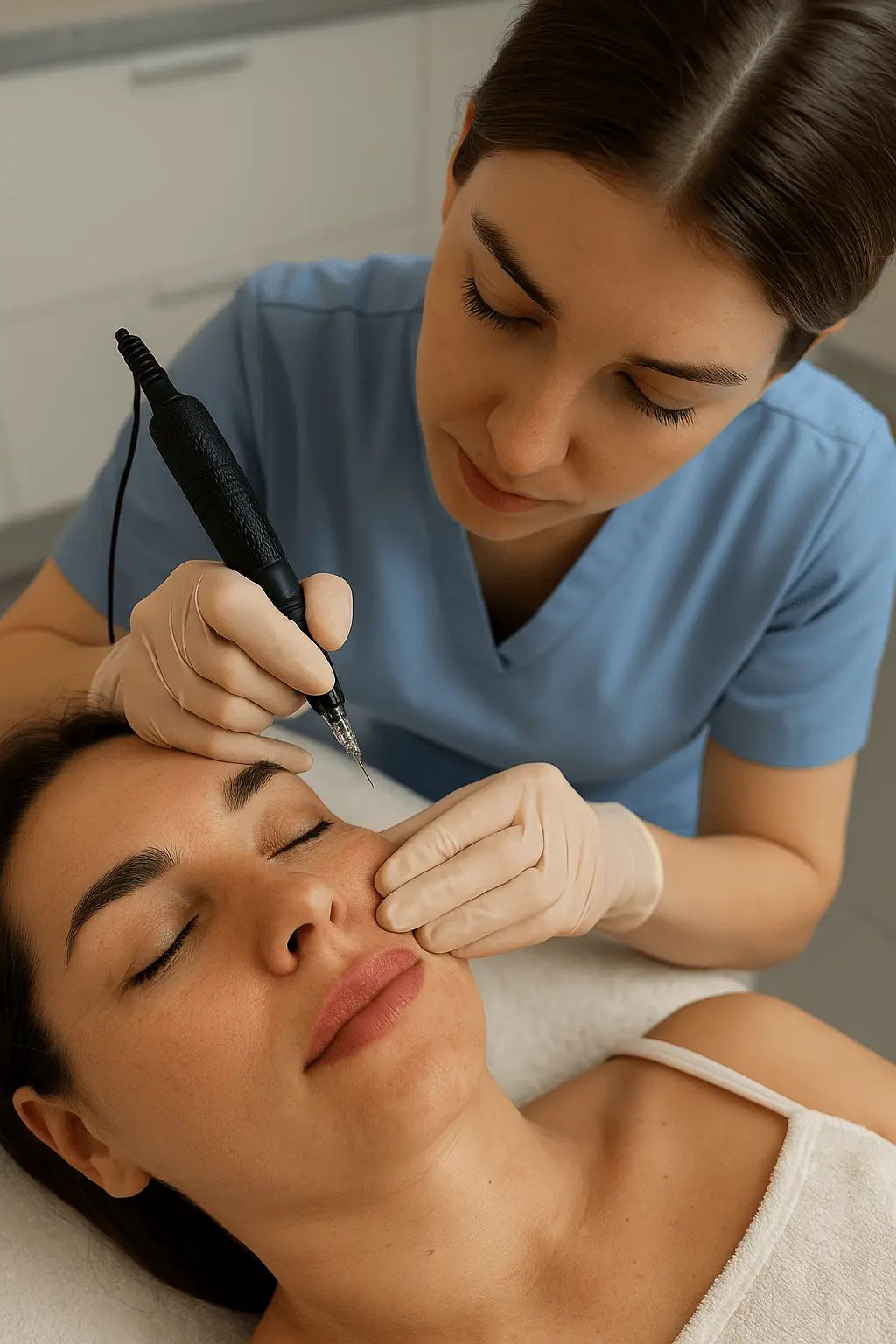 Zabieg pigmentacji ust - kosmetolog wykonuje makijaż permanentny za pomocą urządzenia igłowego.