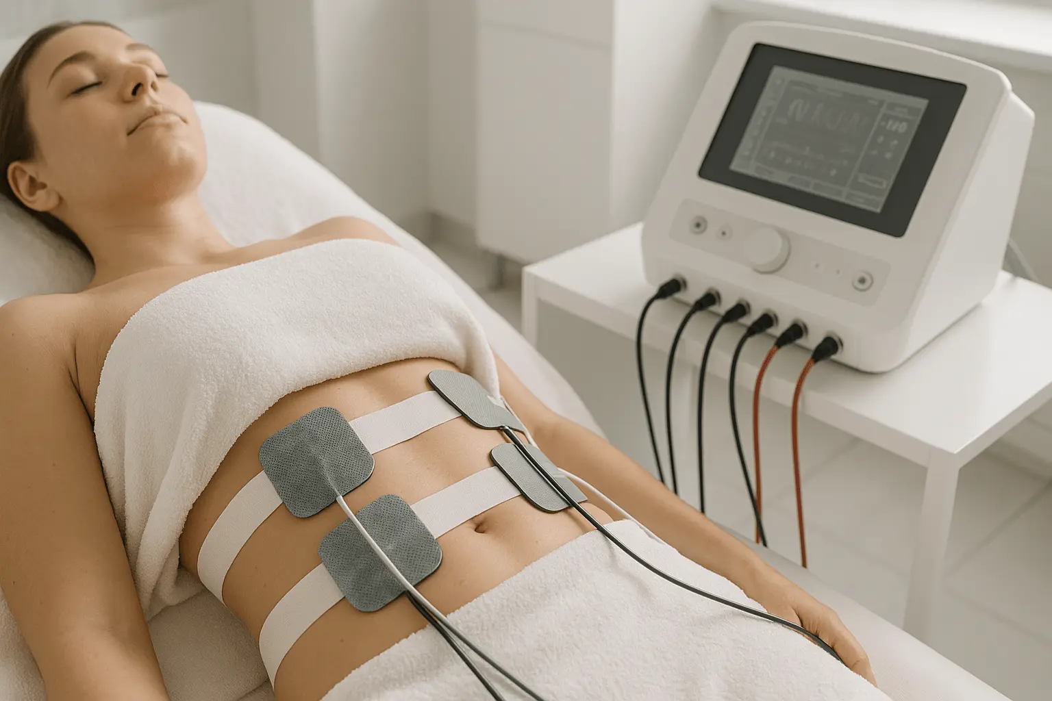 Elektrostymulacja mięśni brzucha - pacjentka leży z elektrodami podłączonymi do aparatu EMS.