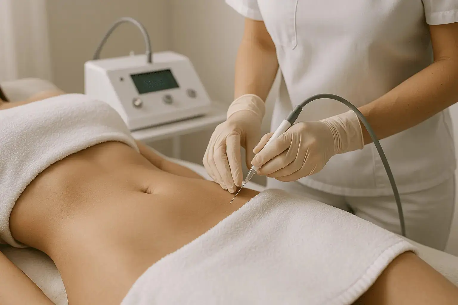 Zabieg karboksyterapii brzucha - kosmetolog wykonuje iniekcję dwutlenku węgla w okolice skóry pacjentki.