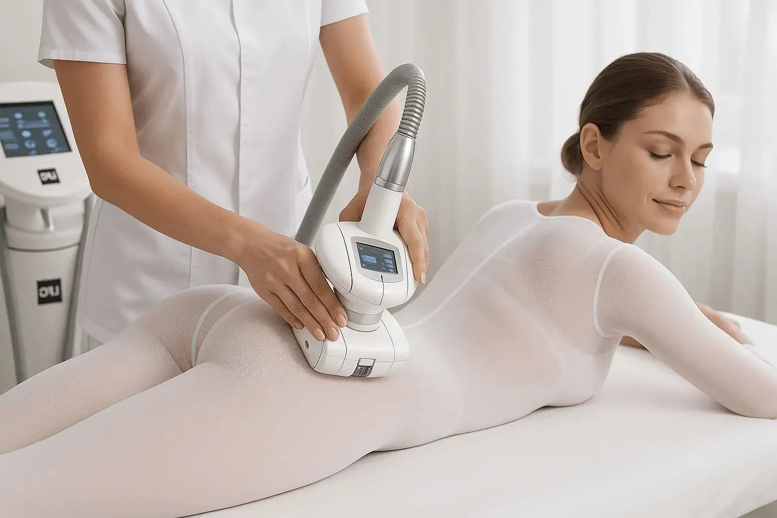 Zabieg endermologii - kobieta w specjalnym kombinezonie, masaż podciśnieniowy wykonywany urządzeniem LPG.