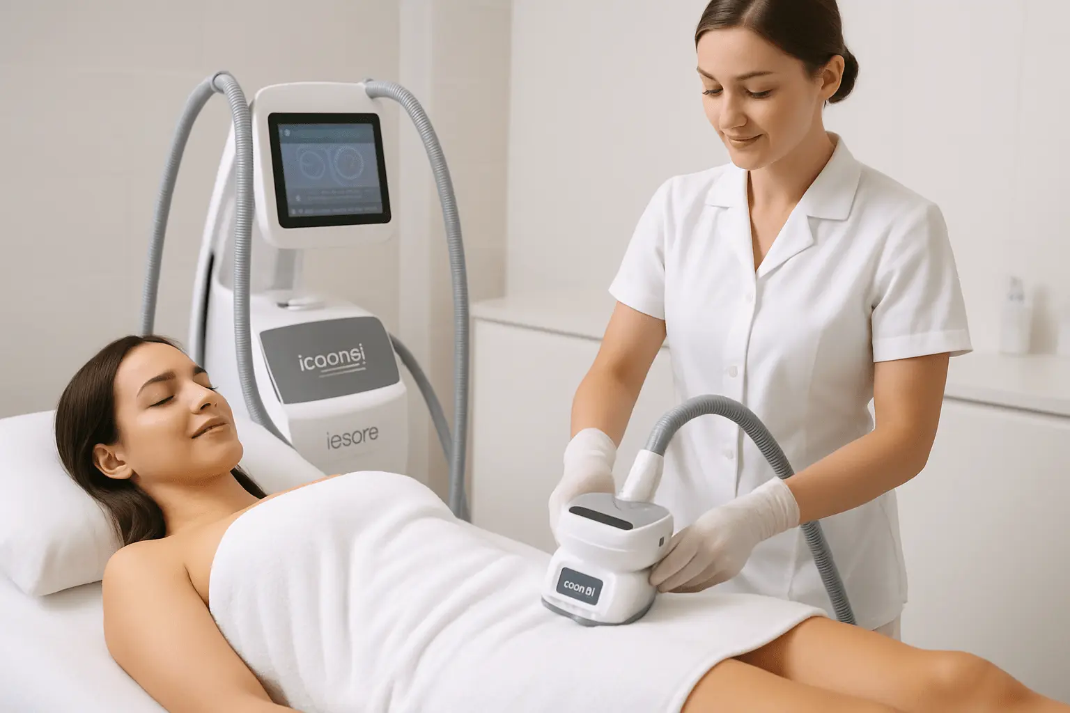 Zabieg Icoone - kobieta w białym stroju leży na plecach, specjalistka wykonuje masaż urządzeniem modelującym ciało.