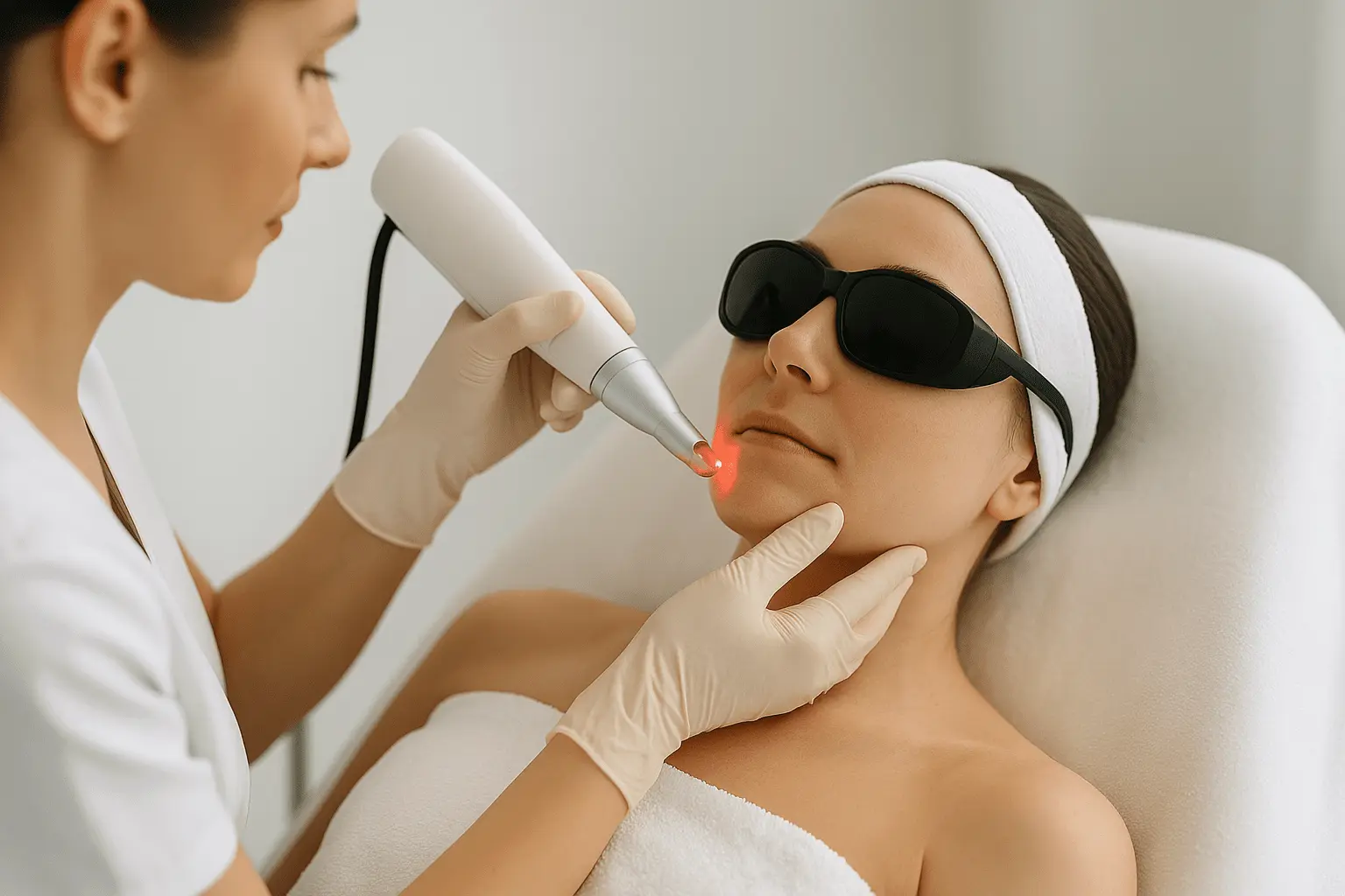 Zabieg laserowy na cerę naczynkową - kosmetolog przykłada głowicę urządzenia do policzka kobiety w okularach ochronnych.