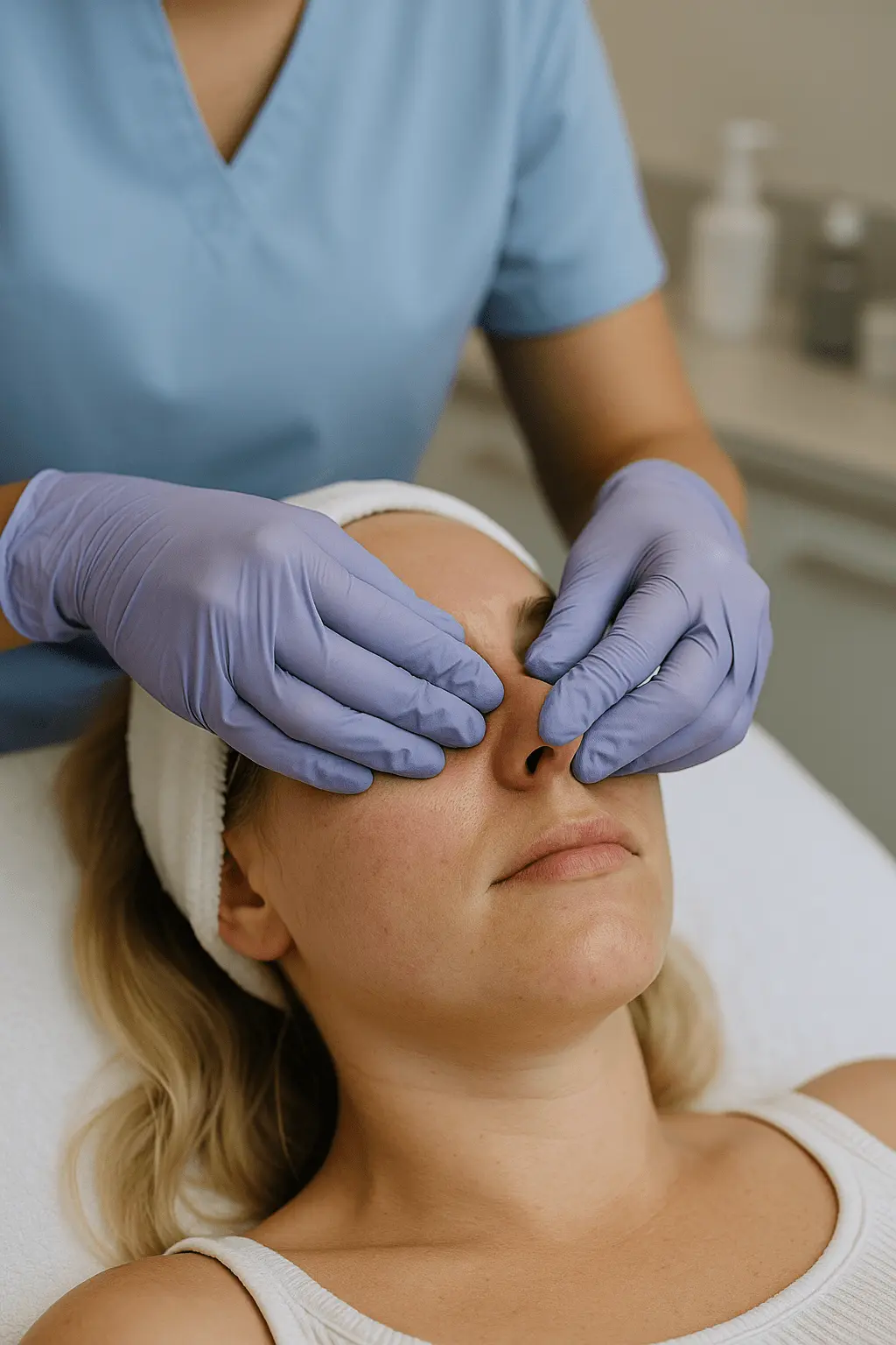 Oczyszczanie manualne twarzy - kosmetolożka w niebieskim uniformie i fioletowych rękawiczkach delikatnie oczyszcza nos pacjentki leżącej na fotelu zabiegowym w gabinecie Afrodyta w Giżycku.