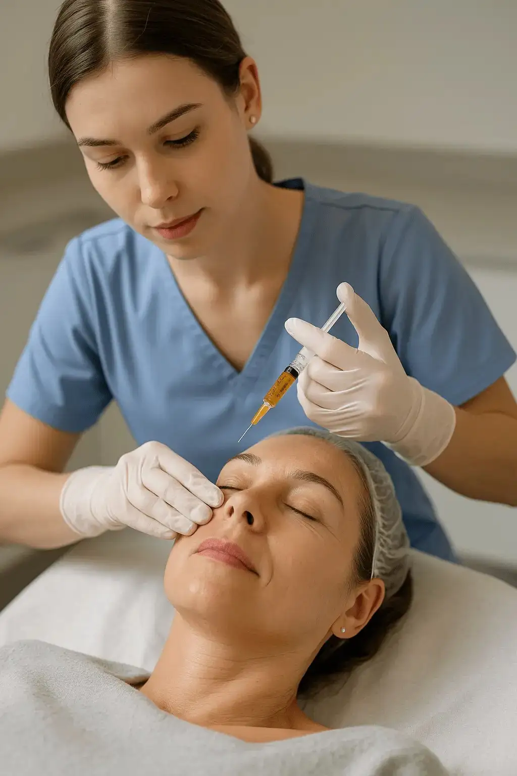 Kosmetolog wstrzykuje preparat odżywczy w okolice twarzy podczas zabiegu przeciwzmarszczkowego.