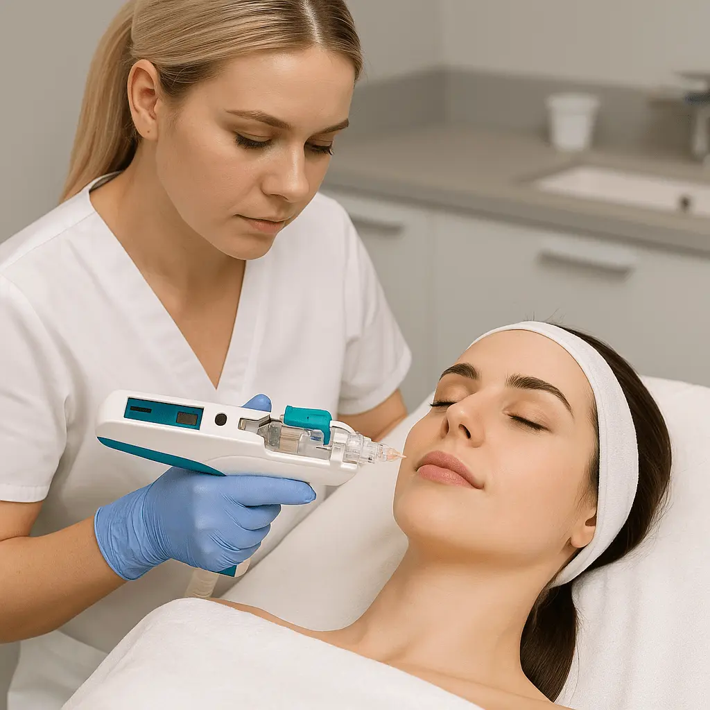 Zabieg mezoterapii urządzeniem Vital Injector - specjalistka przykłada głowicę do twarzy pacjentki, która leży zrelaksowana na fotelu.