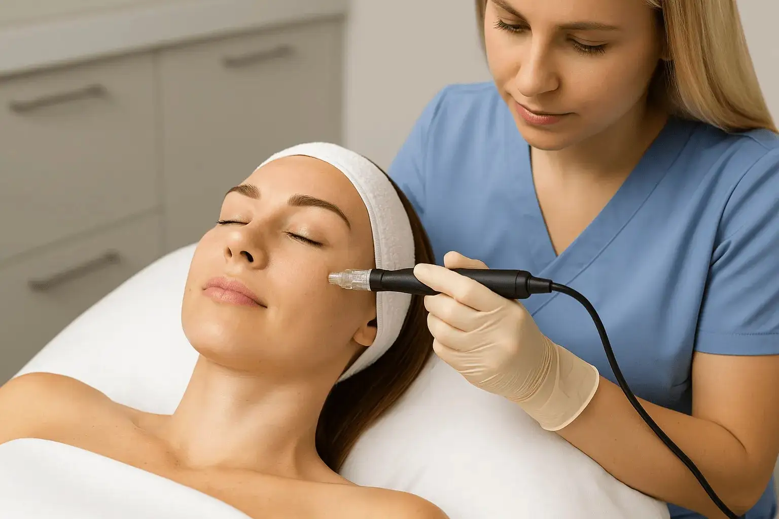 Zabieg mezoterapii igłowej - specjalistka wykonuje iniekcje preparatu w skórę twarzy pacjentki.