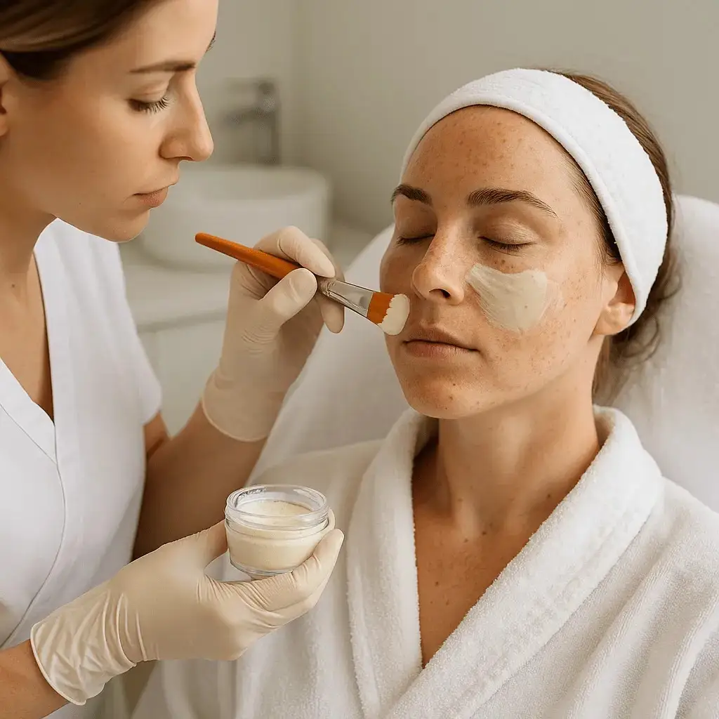 Kosmetolog nakłada pędzelkiem maskę Cosmelan na twarz klientki w trakcie zabiegu wybielającego.