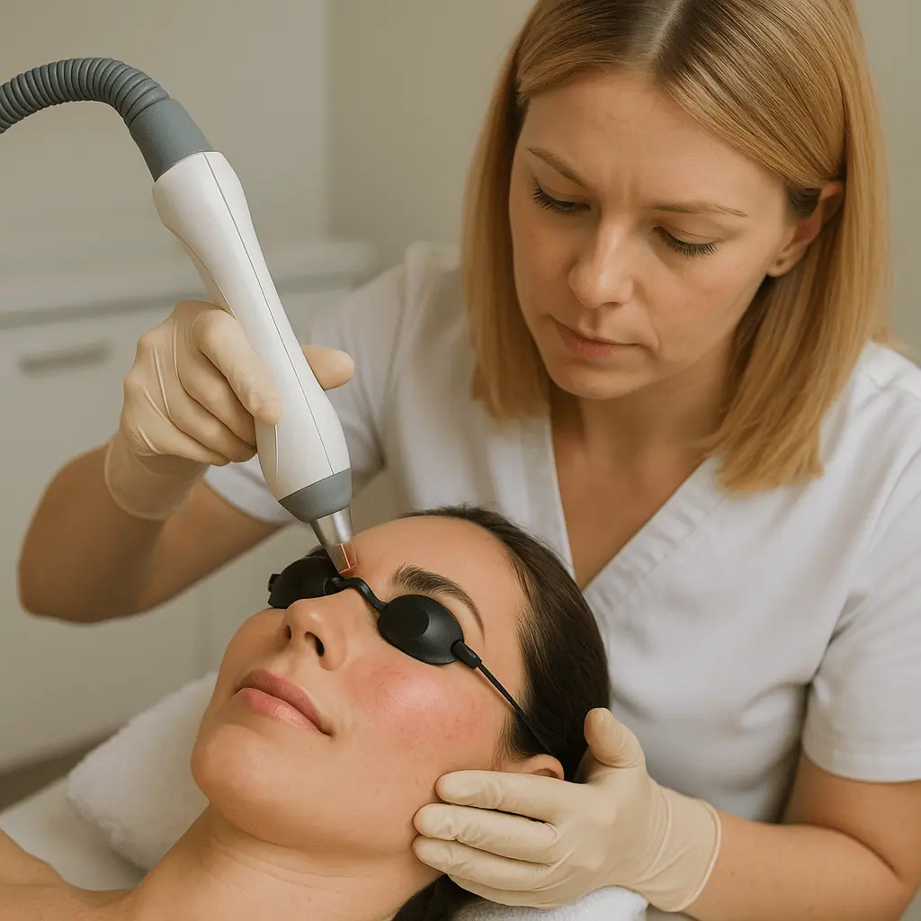 Zabieg laserowego usuwania naczynek - kobieta w okularach ochronnych, kosmetolog celuje laserem w policzek.