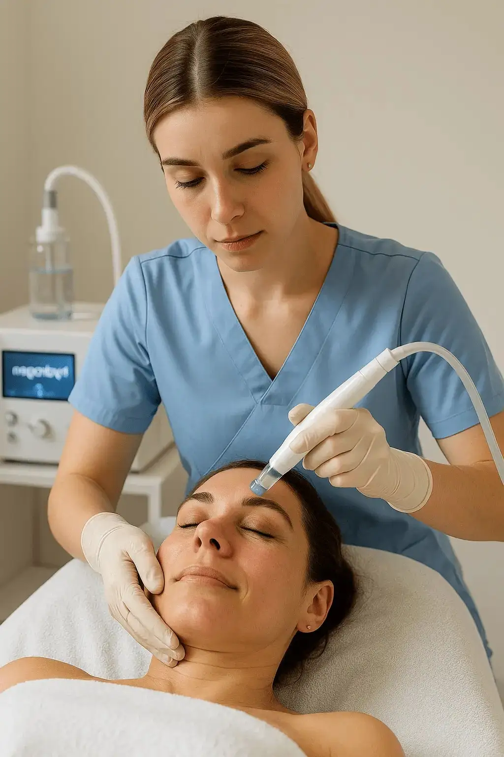 Hydropeeling twarzy - specjalistka przykłada końcówkę urządzenia oczyszczającego do policzka klientki.