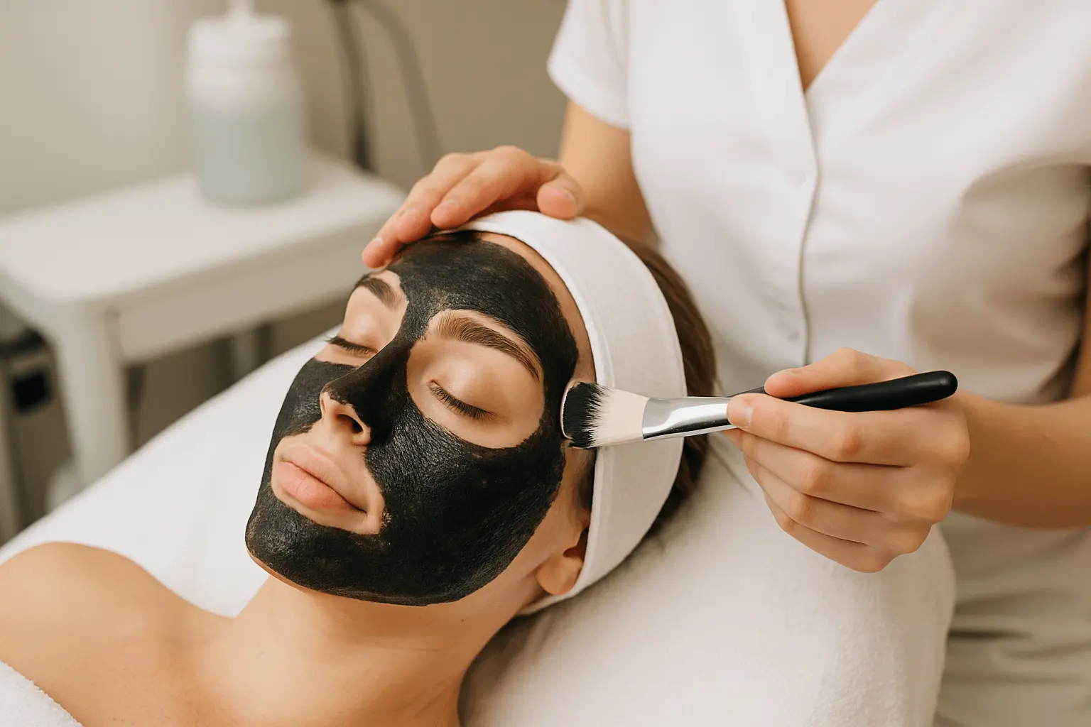 Zabieg peelingu węglowego - kobieta z nałożoną czarną maską, kosmetyczka aplikuje preparat pędzelkiem.