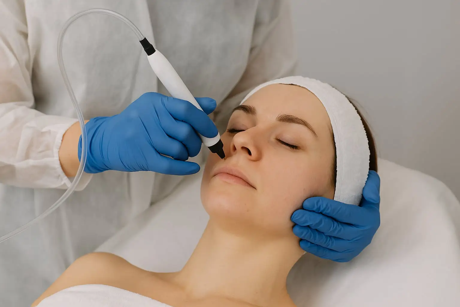 Kosmetolog wykonuje karboksyterapię - iniekcja dwutlenku węgla w okolice twarzy pacjentki.