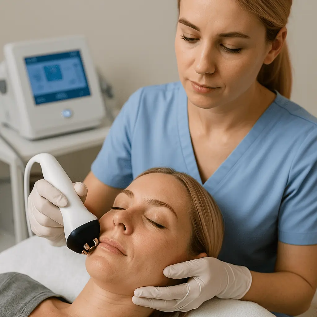 Zabieg Maximus Trilipo - specjalistka prowadzi głowicę po policzku klientki, ujędrniając skórę twarzy.