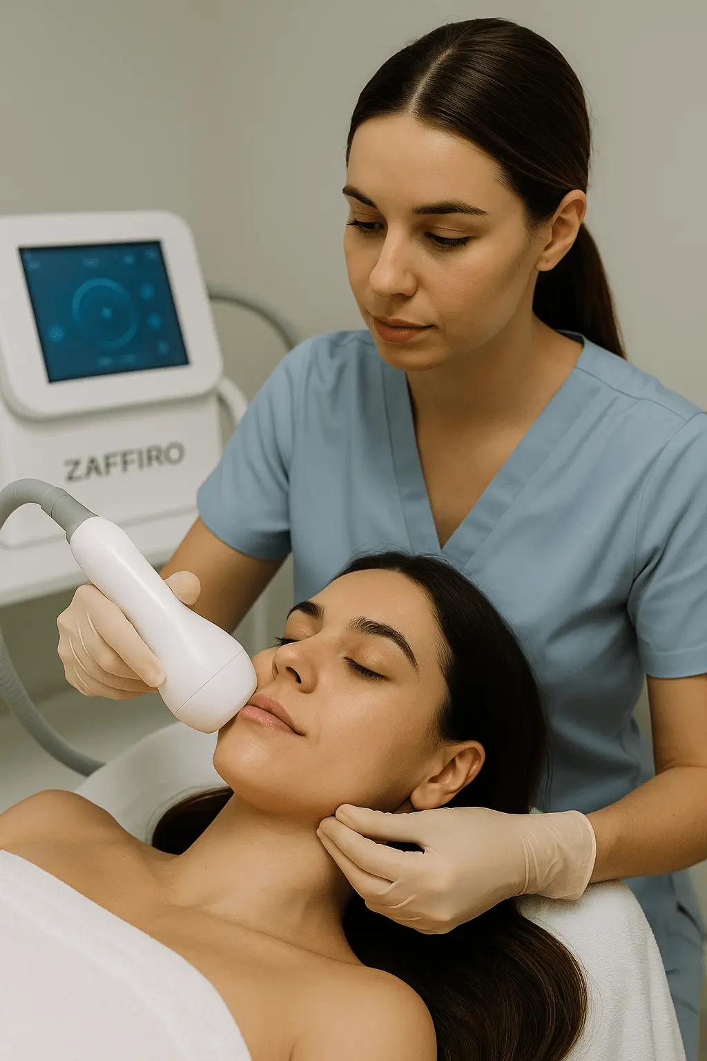 Kobieta podczas termoliftingu Zaffiro - kosmetolog wykonuje zabieg głowicą emitującą ciepło na twarz.