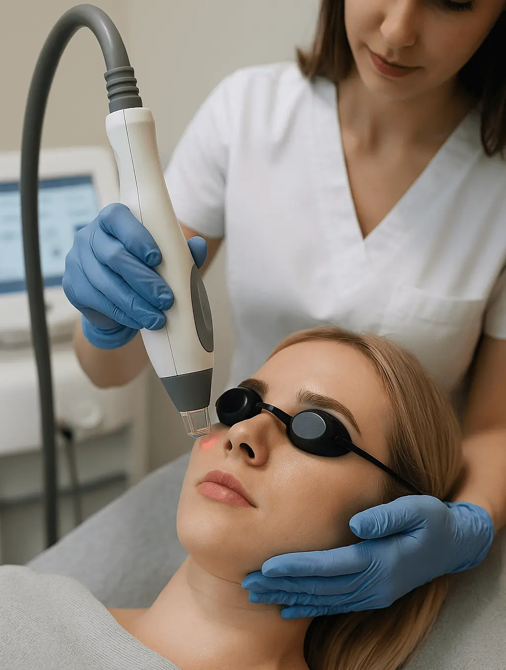 Zabieg laserem frakcyjnym na twarz - kobieta w okularach ochronnych, kosmetolog wykonuje resurfacing skóry.