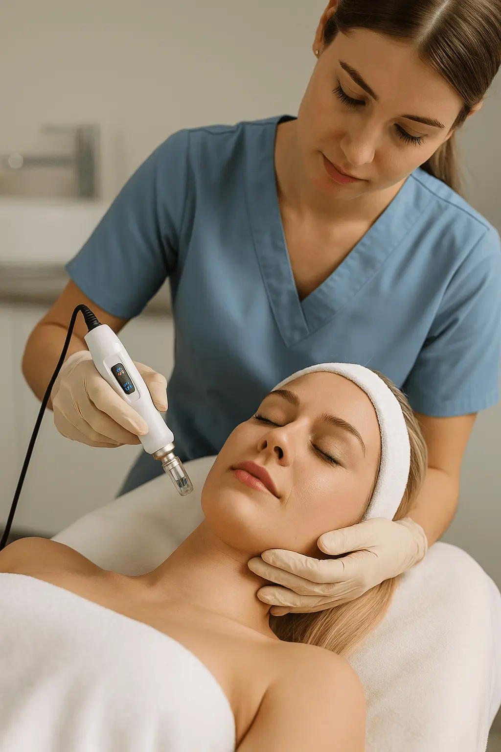Zabieg termoliftingu twarzy i szyi - kosmetolog wykonuje mikronakłucia z użyciem urządzenia emitującego fale radiowe.