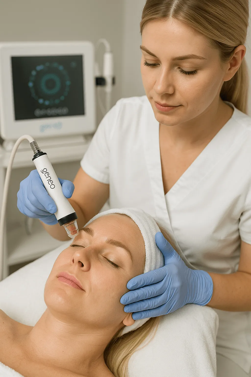 Kobieta podczas zabiegu Geneo - kosmetolog dotlenia skórę twarzy za pomocą specjalistycznego urządzenia.