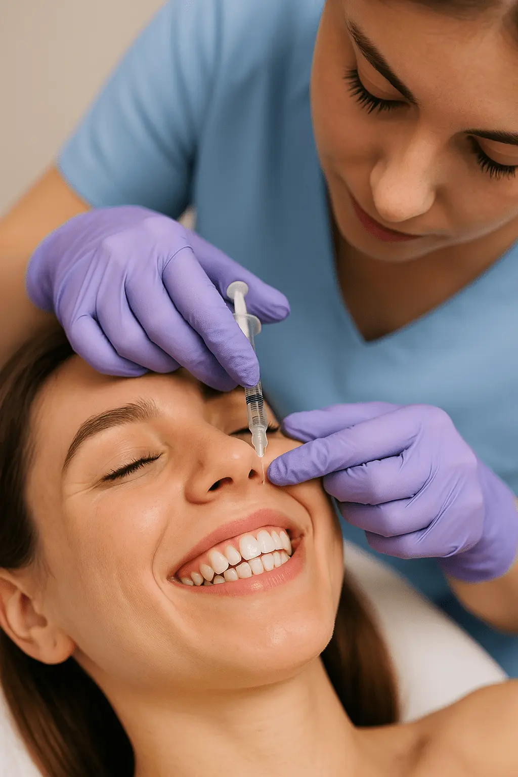 Zbliżenie na uśmiechniętą kobietę podczas podania botoksu w okolice górnej wargi - korekta uśmiechu dziąsłowego.