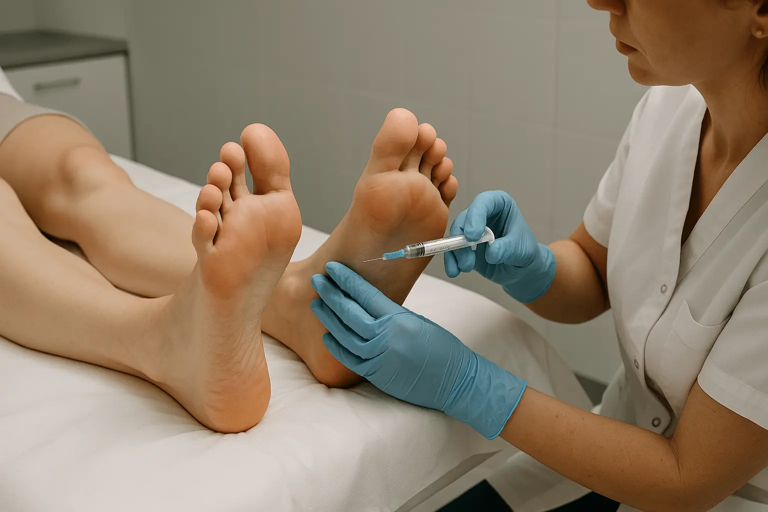 Specjalista w rękawiczkach wykonuje zastrzyk w stopę pacjenta leżącego na fotelu - zabieg toksyną botulinową.