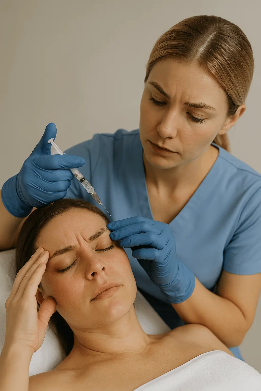Kobieta z zamkniętymi oczami trzyma się za skronie, a specjalista wykonuje iniekcję w czoło - terapia toksyną botulinową.