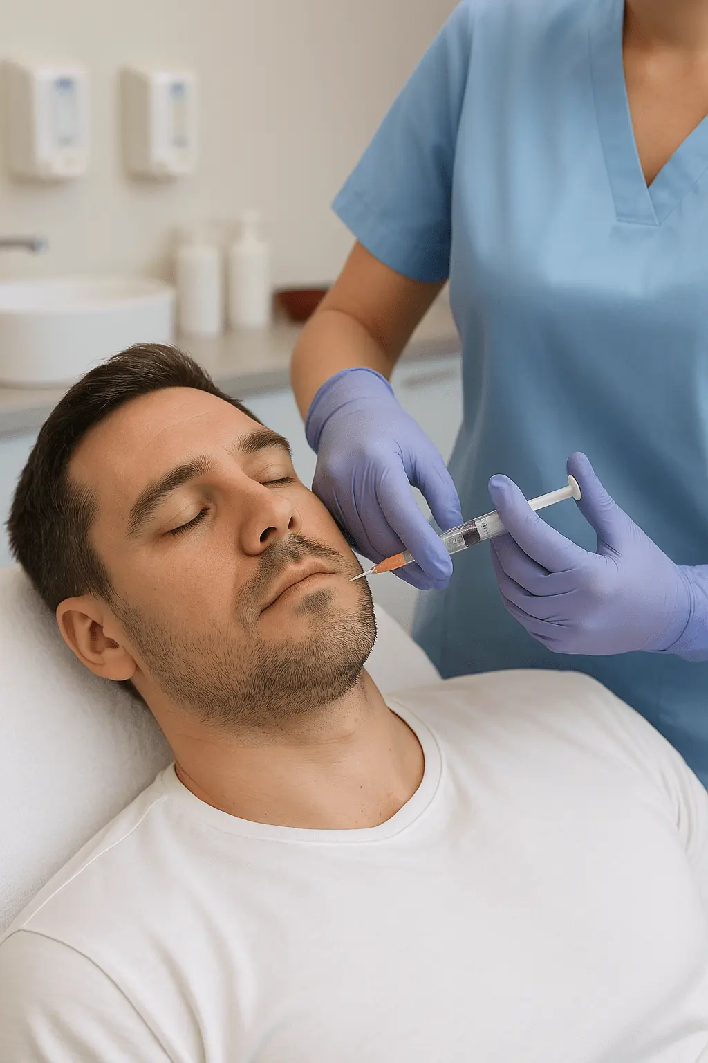 Mężczyzna leży z zamkniętymi oczami, podczas gdy specjalista w rękawiczkach podaje zastrzyk w okolice żuchwy.