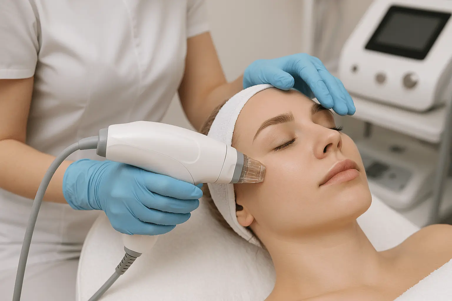 Kobieta w opasce na głowie poddawana zabiegowi na twarz - użycie głowicy urządzenia do terapii mikroigłowej.