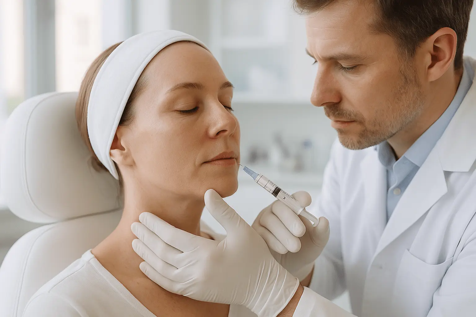 Specjalista wykonuje iniekcję w policzek kobiety - zabieg odmładzający z użyciem biostymulatora.