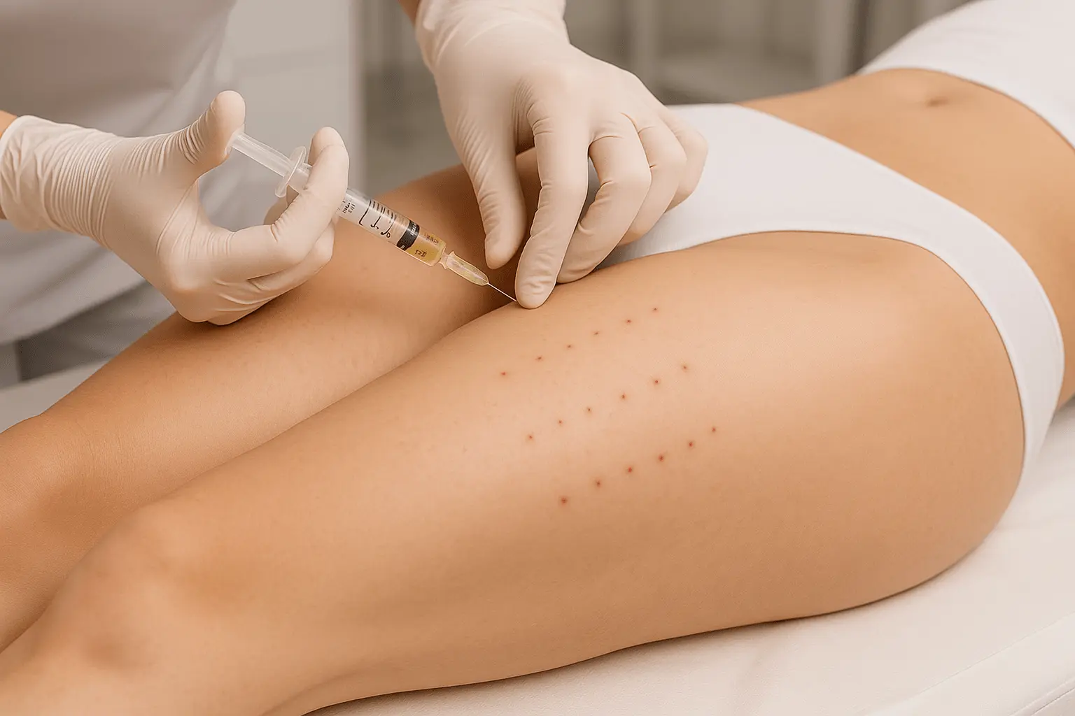 Specjalista wykonuje zastrzyki w udo pacjenta - zabieg redukujący miejscową tkankę tłuszczową.