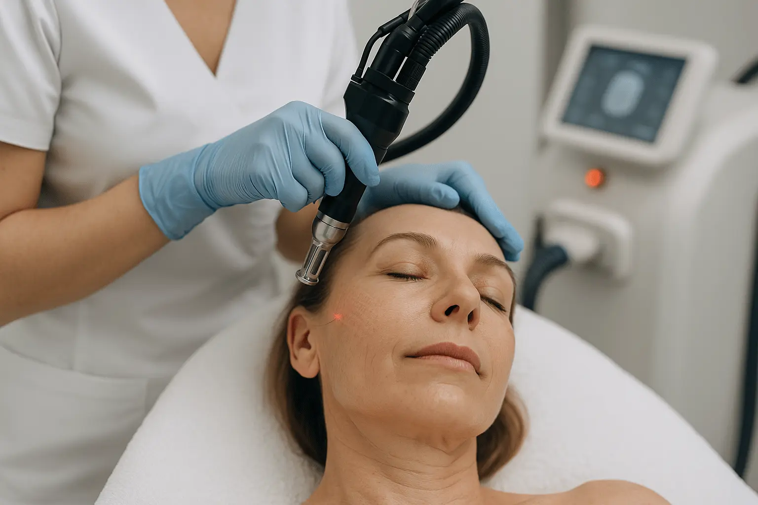 Zabieg laserowy wykonywany na twarzy kobiety w celu regeneracji skóry - specjalistka przykłada głowicę lasera do czoła pacjentki leżącej na fotelu.