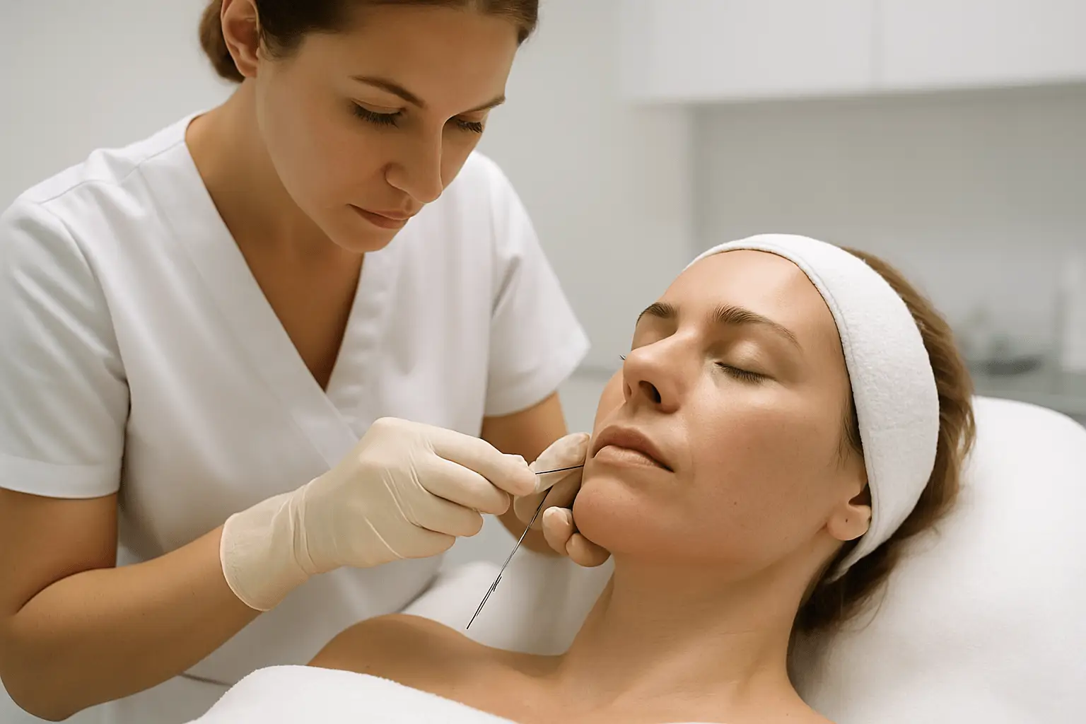 Kosmetolożka wykonuje zabieg nici liftingujących na twarzy kobiety - igła wprowadzana w okolicy linii żuchwy w celu uniesienia i ujędrnienia skóry bez skalpela.