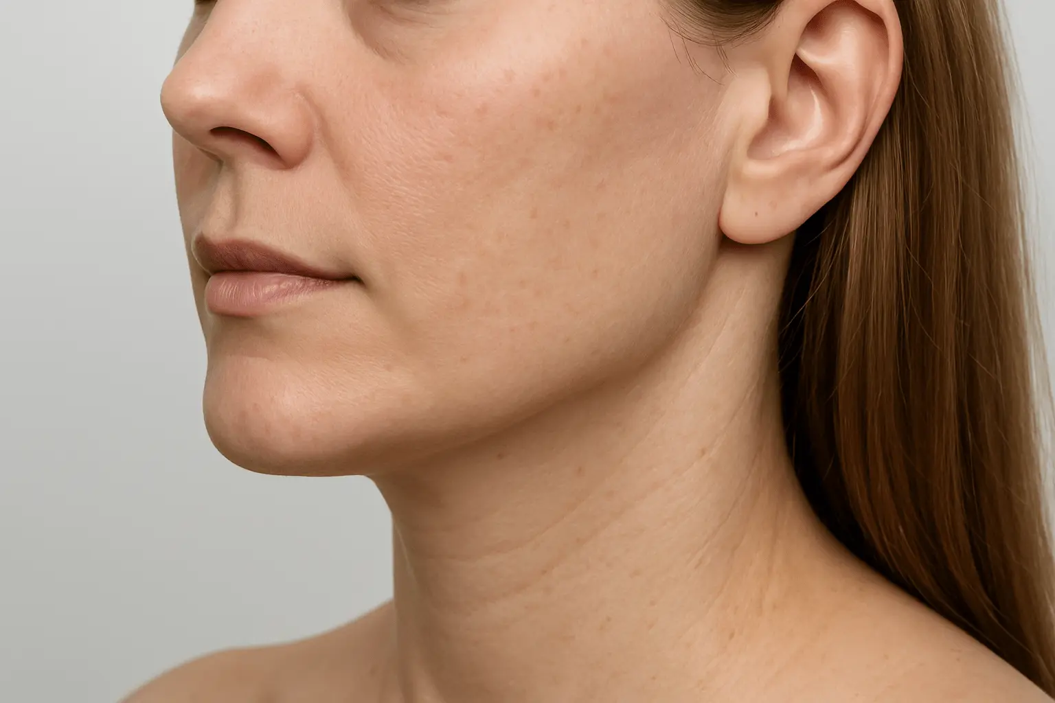 Profil kobiety z podkreśloną linią brody - ilustracja efektu modelowania proporcji dolnej części twarzy kwasem hialuronowym.