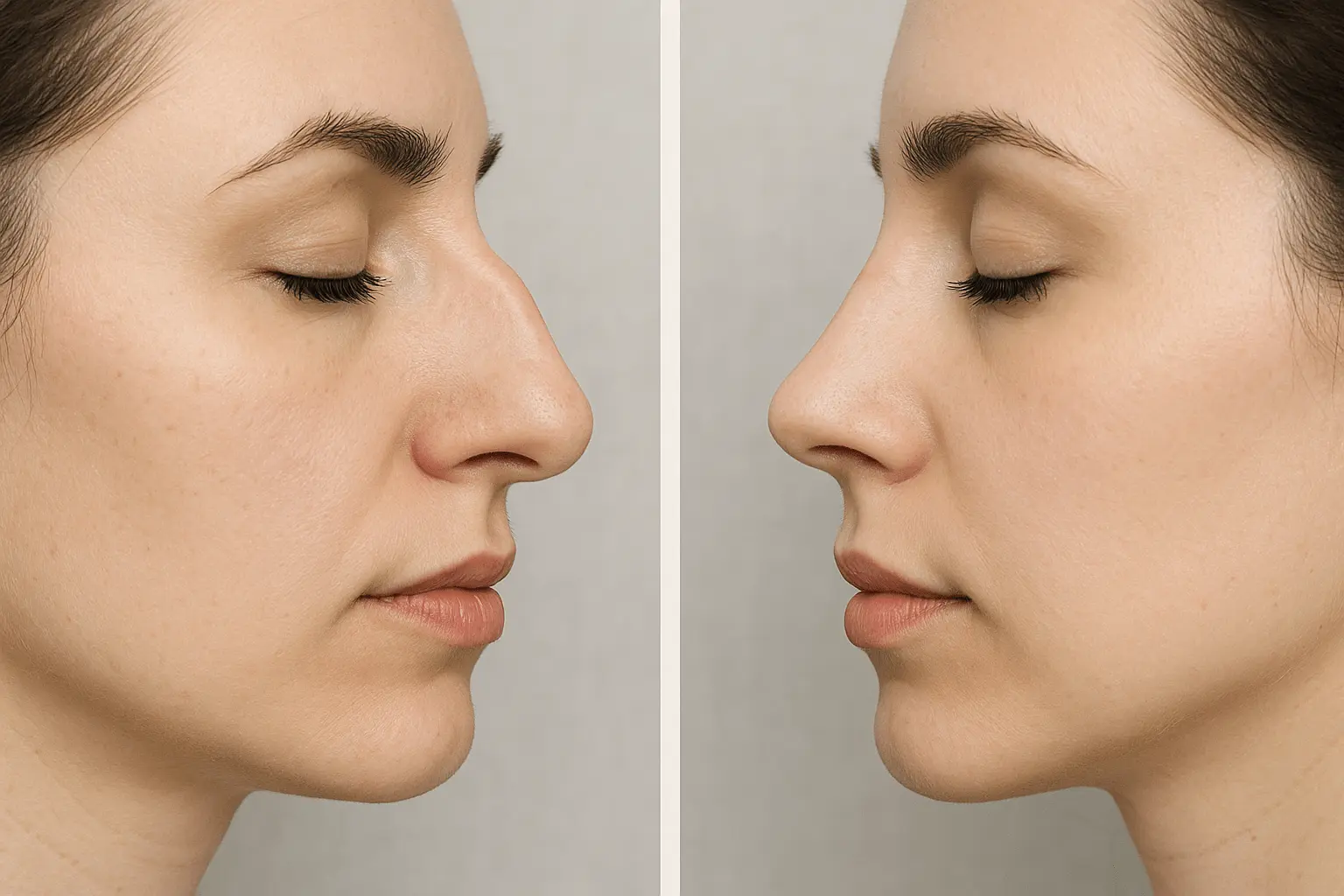 Zdjęcie przed i po zabiegu korekty nosa - profil kobiety ukazujący efekt wygładzenia konturu i uniesienia czubka nosa kwasem hialuronowym.