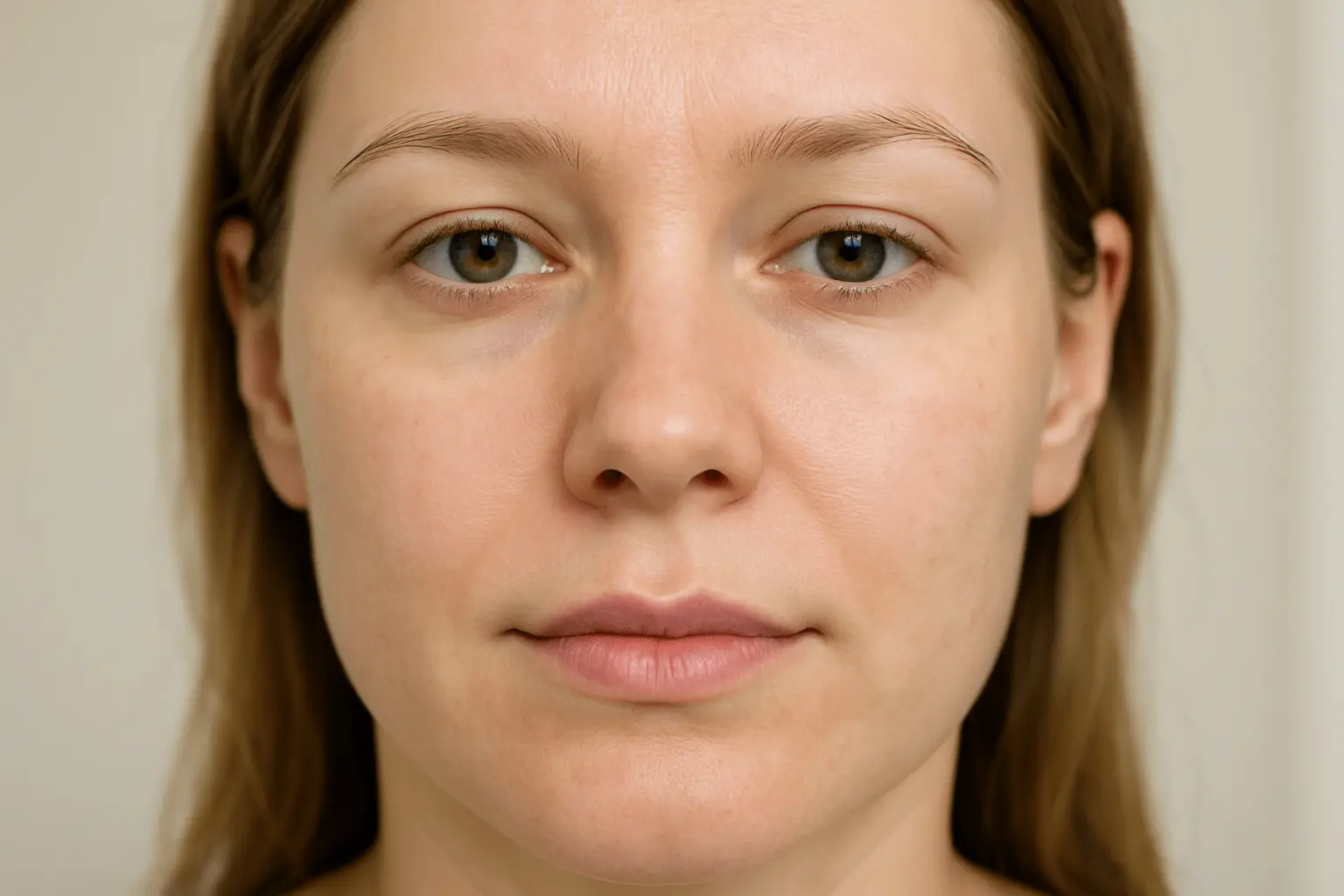 Frontalne zdjęcie twarzy kobiety z wygładzonymi bruzdami nosowo-wargowymi - efekt zabiegu wypełniającego kwasem hialuronowym.