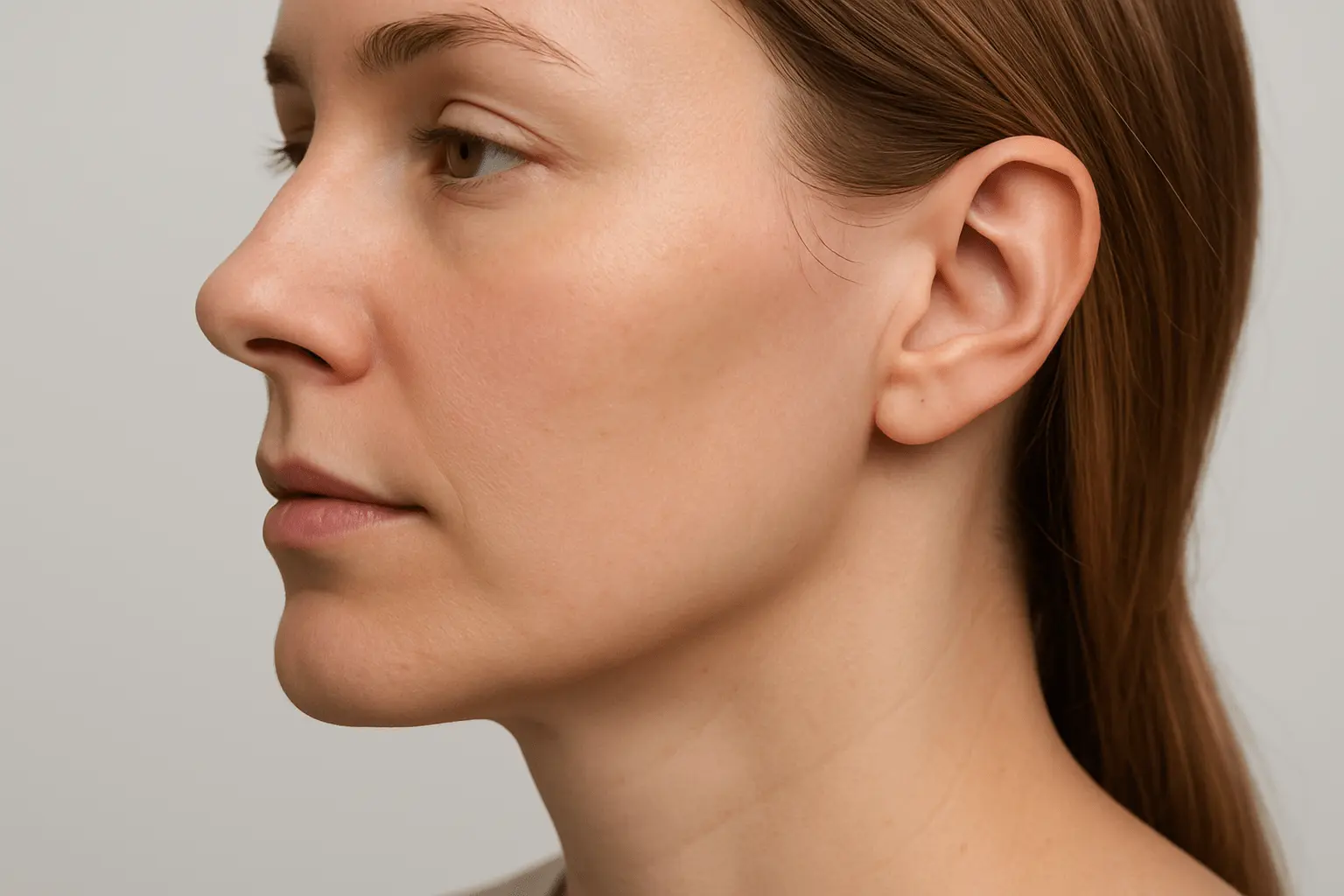 Profil kobiety z wyraźnie zarysowaną linią żuchwy - zdjęcie ilustruje efekt wolumetrii, poprawiający kontur dolnej partii twarzy.