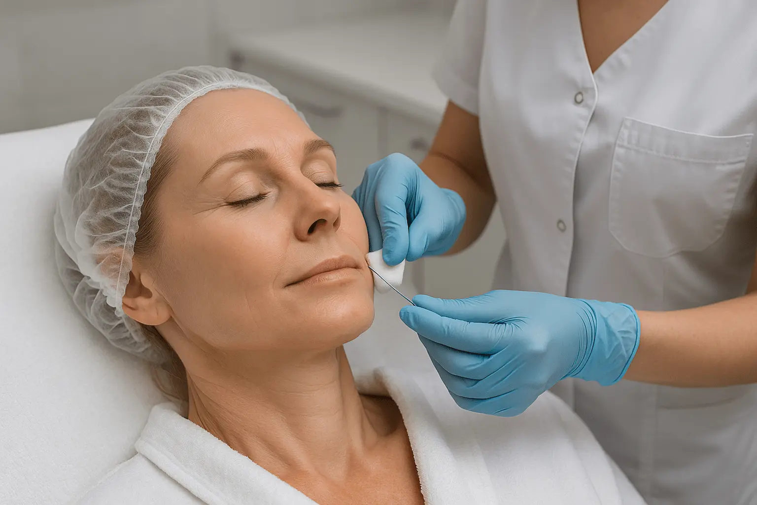 Zabieg z użyciem nici PDO - specjalistka w niebieskich rękawiczkach wykonuje aplikację nici w dolną partię policzka kobiety.