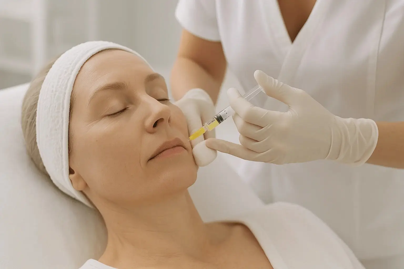 Zabieg iniekcji preparatu ATR w okolicę nosa - kobieta w opasce leży na fotelu zabiegowym, a specjalistka podaje preparat strzykawką.