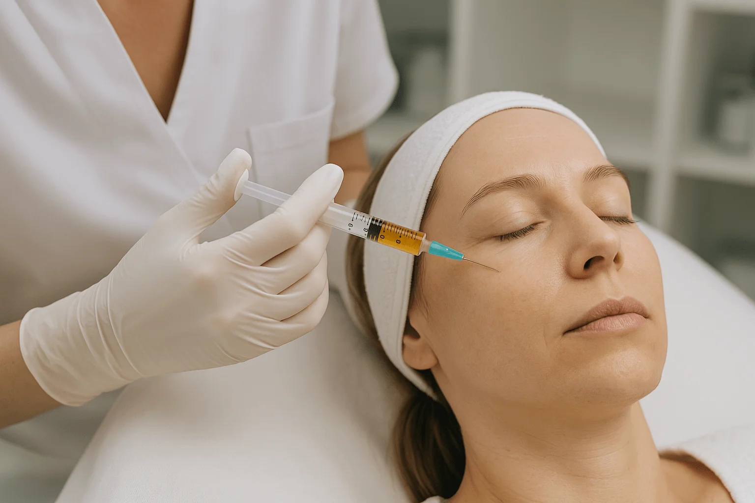 Zabieg iniekcji fibryny bogatopłytkowej - kobieta w opasce leży na fotelu zabiegowym, specjalistka podaje preparat cienką igłą w okolice oka.