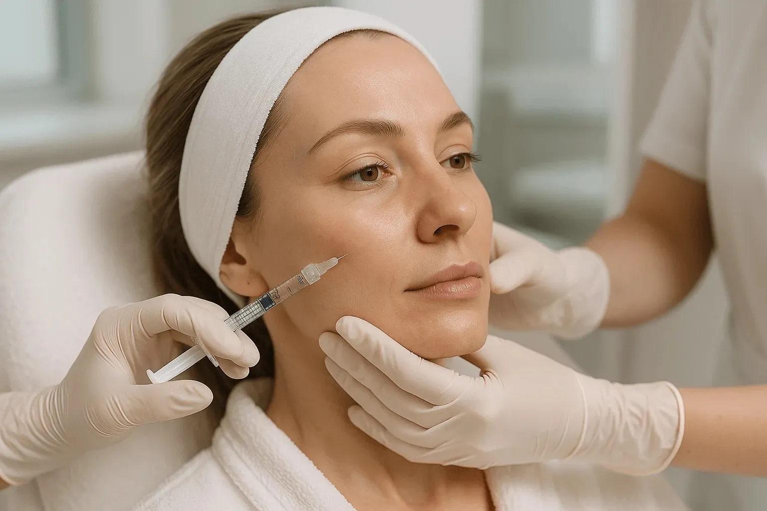 Iniekcja stymulatora tkankowego w policzek kobiety - zabieg odmładzający wykonywany w gabinecie.