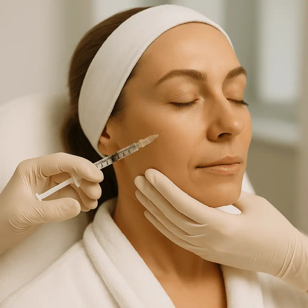 Zabieg botoksu na całą twarz - kobieta w opasce na głowie otrzymuje zastrzyk w okolice policzka.